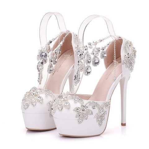 Wonen-zapatos de oficina a la moda para mujer, calzado de pu con diamantes de imitación, plataforma impermeable, punta redonda, tacones finos de 14 cm, zapatos de boda ► Foto 1/5