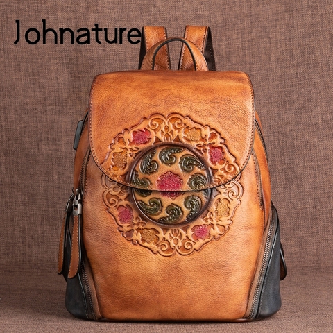 Johnature-mochila Retro de primera capa de cuero de vaca para mujer, bolsa de cuero genuino de gran capacidad, 2022 hechos a mano nuevos en relieve ► Foto 1/6