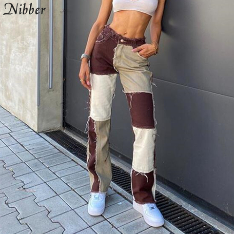 NIBBER-pantalones de cintura alta estilo Hip-hop punk para mujer, ropa informal de calle, pantalones de lápiz ajustados con retales de contraste para Otoño e Invierno ► Foto 1/6