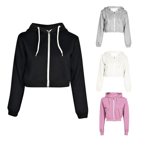 Sudadera corta con capucha para mujer, con cremallera y cordón, ropa para Parte Superior Femenina, de manga larga, con cordón, color negro, blanco, gris y rosa ► Foto 1/6