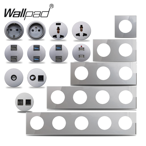 Wallpad L6 Grey Cristal de vidrio de la UE poder francés toma USB de pared cargador de datos CAT6 HDMI TV Universal Salida de módulos de combinación ► Foto 1/6