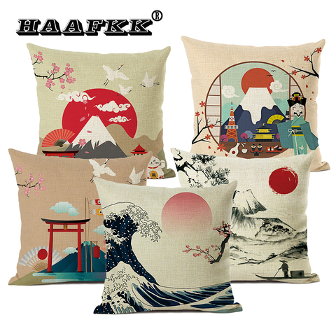 Funda de cojín Retro de lino estilo Fuji Mountain Ukiyo, decoración japonesa para sofá, almohada, 45x45cm ► Foto 1/6