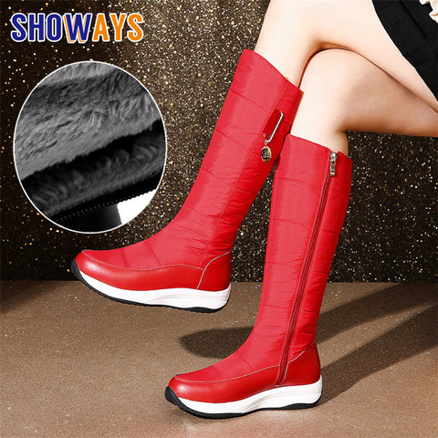 Botas de nieve impermeables para mujer, botines de piel auténtica de felpa, informales, de viaje, con plataforma de tacón plano hasta la rodilla, color rojo y blanco ► Foto 1/6