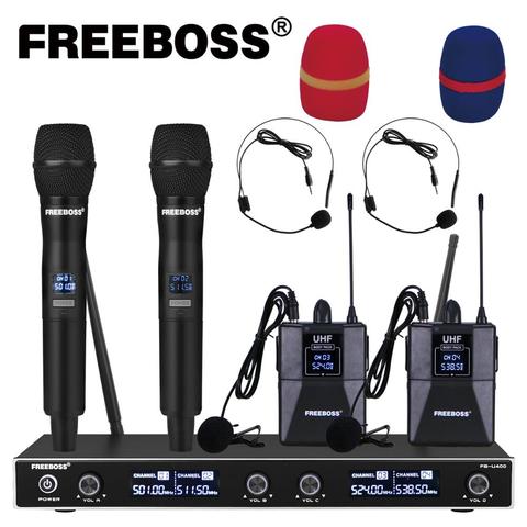 FREEBOSS-FB-U400H2 de 4 canales, sistema con micrófono inalámbrico, UHF, 2 Bodypack y 2 micrófonos portátiles de Iglesia, fiesta familiar ► Foto 1/6