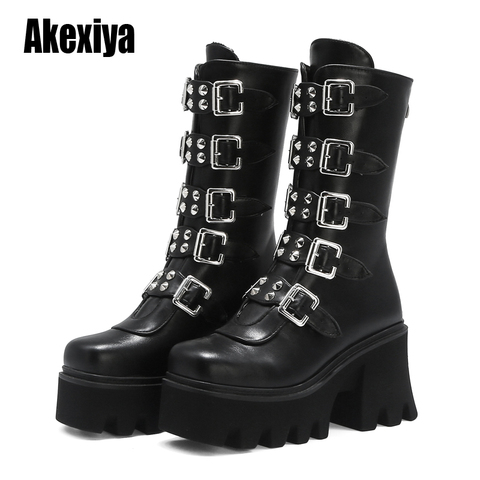 Botas de plataforma estilo gótico Punk para mujer, zapatos de media pantorrilla con cuña y cremallera, botas militares de combate, para invierno, con correa de Hebilla negra, u542 ► Foto 1/6