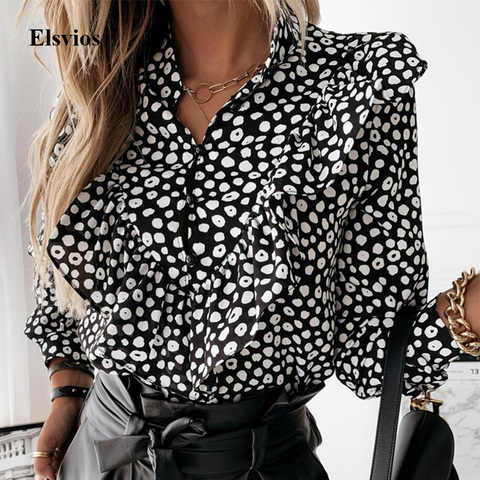 Blusa de oficina con manga larga para otoño e invierno, camisa con estampado de lunares y volantes para mujer, cuello en V, 2022 ► Foto 1/6