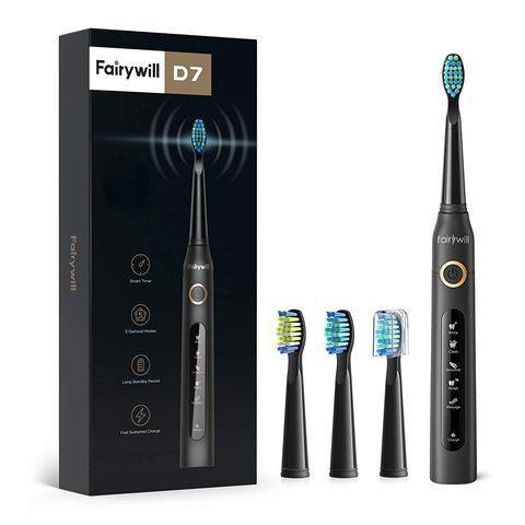 Fairywill-cepillo de dientes eléctrico sónico, recargable, temporizador inteligente, 5 modos, Cargador USB, cabezales de repuesto ► Foto 1/6
