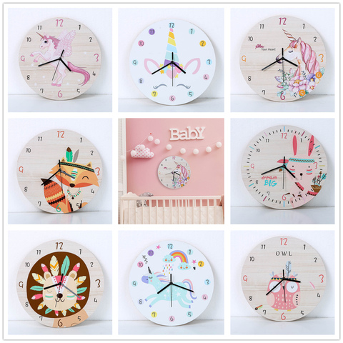 Reloj de Pared Circular de unicornio de dibujos animados para niños, de madera, silencioso, para habitaciones de bebés, decoración del hogar, sala de estar ► Foto 1/6