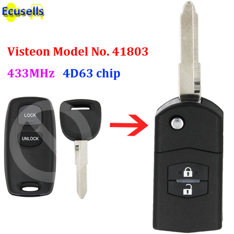 Mando a distancia de coche con tapa actualizado, 2 botones, 433MHz, chip 4D63, para Mazda 2, 3, 6, 2002-2005, modelo Visteon n. ° 41803, con llave sin cortar ► Foto 1/4