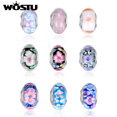 WOSTU-gran oferta de cuentas de flor cristal de Murano chapadas en plata, aptas para Pulsera Original, brazaletes, dijes, cuentas redondas para fabricación de joyas DIY, 1 Uds. ► Foto 1/6