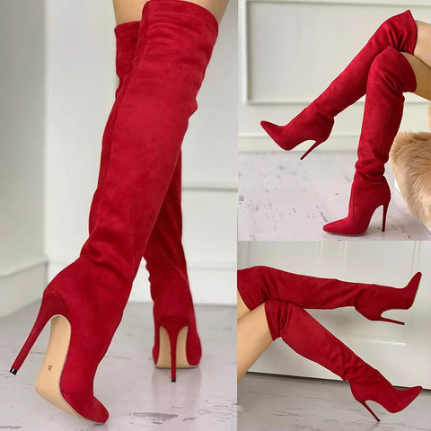 Botas de tacón alto para mujer, zapatos elegantes de ante y Botas Largas, puntiagudas rojas por encima de la rodilla, con cremallera, a la moda, otoño e invierno, 2022 ► Foto 1/5