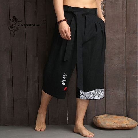 Pantalones japoneses de estilo japonés para hombre, ropa asiática, pantalón de baño, holgado, informal, estilo japonés, Yukata, pantalones recortados de lino ► Foto 1/6