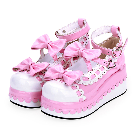 Lolita-zapatos de plataforma de princesa para mujer, zapatos de vestir con lazo de encaje, plataforma Kawaii de Anime, color rosa y blanco, talla grande 41 42 43 44 ► Foto 1/5
