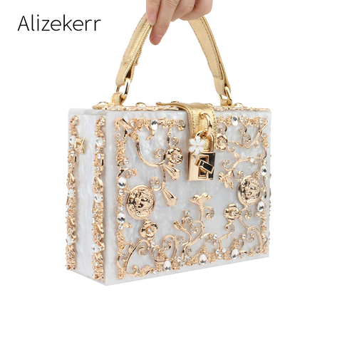 Bolso de noche con caja acrílica para mujer, Cartera de lujo con estampado de flores, diamantes, piedras, bolso de mano con correa ► Foto 1/6