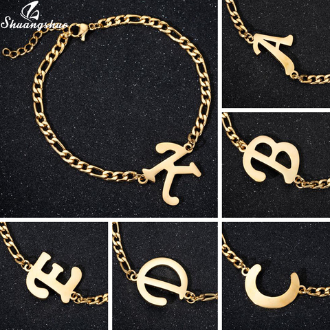 Pulsera de acero inoxidable con inicial personalizable para mujer, abalorio de brazalete con letra de A-Z, bisutería con nombre ► Foto 1/6