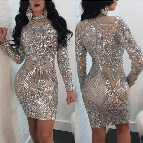 Vestido ceñido de manga larga con lentejuelas para mujer, de plata brillante vestido de fiesta, transparente, elegante, sexi, de malla con purpurina para Club nocturno de invierno ► Foto 1/6