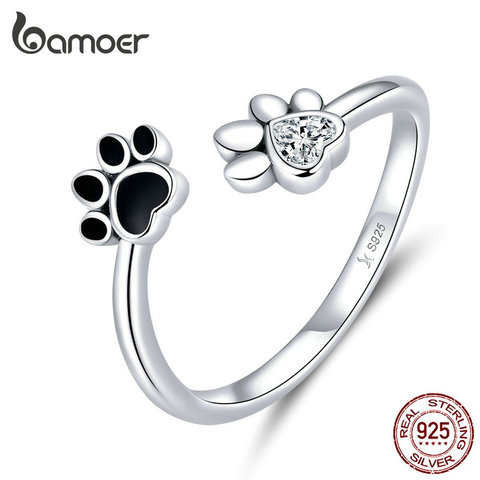 Bamoer-Anillo de plata de primera ley diseño pata de perro para mujer, sortija ajustable, plata esterlina 925, esmalte negro, antialergias, SCR605 ► Foto 1/5