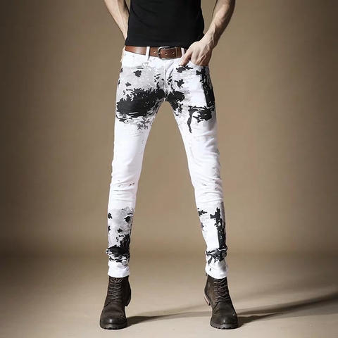 Pantalones sencillos e informales para hombre, jeans blancos con estampado de inyección de tinta urbana, color de contraste, estilo chino, envío gratis, novedad ► Foto 1/5