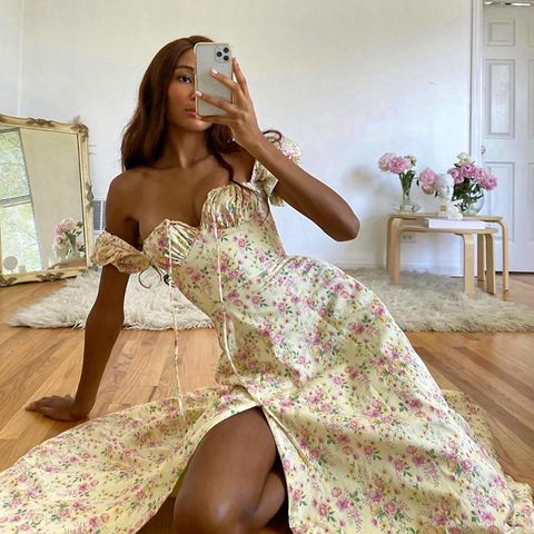 Avrilyaan-Vestido largo sexi con estampado de flores para mujer, vestido de noche con abertura alta, vestido de fiesta con Espalda descubierta, vestido de verano 2022 ► Foto 1/6