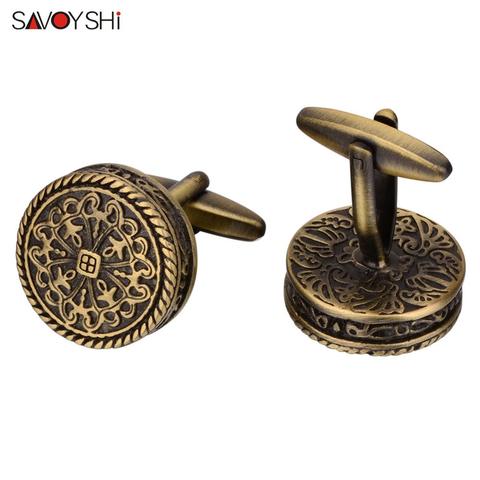 SAVOYSHI-gemelos de camisa de alta calidad para hombre, diseño redondo de bronce, gemelos de Metal Vintage, regalo, nombre de enagraveo gratis ► Foto 1/6