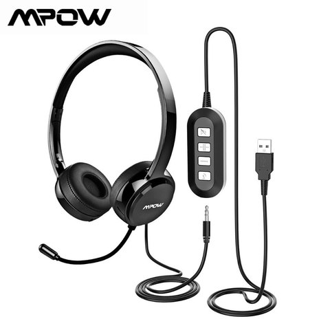 Mpow-Audífonos con micrófono PA071 para ordenador, auriculares con cable auxiliar de reducción de ruido, control accesible en línea, sonido claro, compatible con Mac, PC de oficina, Skype y centro de llamadas ► Foto 1/6