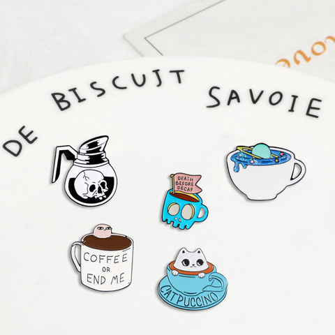 Taza y café calavera estrellas gato combinación Denim esmalte alfileres colección insignias broches regalos para joyería de Amigo al por mayor ► Foto 1/6