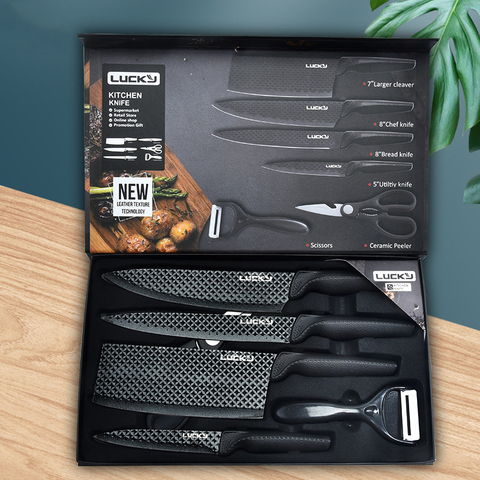 6 uds Set de cuchillos de Chef negro hoja cocina de Santoku cocina cortar pan cuchillos de cocina herramientas ► Foto 1/1