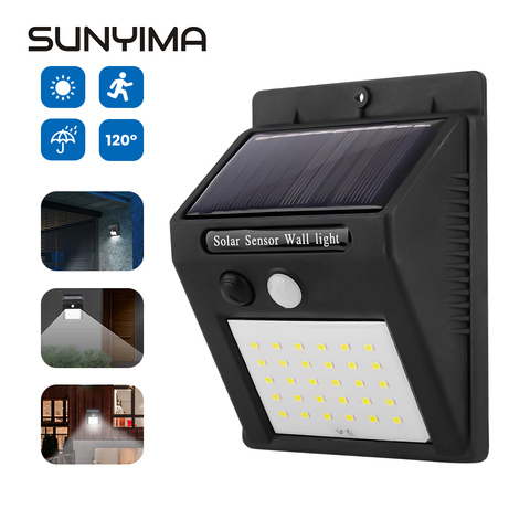 SUNYIMA 30 LED, lámpara Solar de pared exterior, Sensor de movimiento PIR a prueba de agua, luz de jardín alimentada por energía Solar, luz de calle ► Foto 1/6