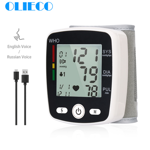 OLIECO USB recargable automático Digital muñeca Monitor de presión arterial ruso voz en Inglés tonómetro eléctrico Sphygmomanom PR ► Foto 1/6