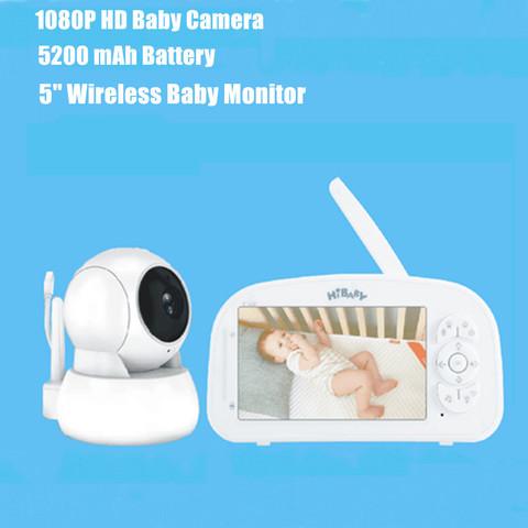 Monitor de vídeo HD para bebés, 5 pulgadas, 1080P, batería de 5200 mAh, Audio bidireccional, Visión Nocturna Automática, monitorización de temperatura, canciones de cuna, rango de 1000 pies ► Foto 1/6