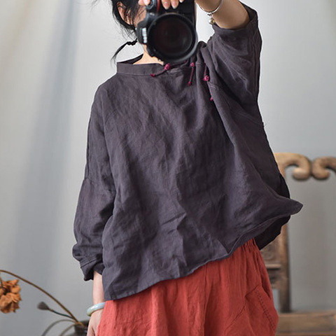 Johnature las mujeres estilo chino camisas de lino soporte manga tres cuartos botón 2022 nueva otoño blusas suelta Color sólido mujer camisa Vintage ► Foto 1/6