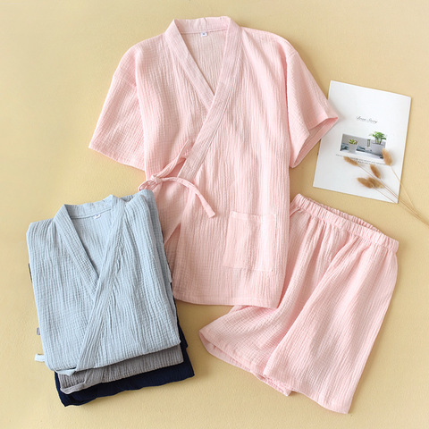 Summer Cotton Crepe Pajamas Women's Short-Sleeved Shorts Pyjamas Women V-Neck Kimono Pijamas Thin Sleepwear 2 Piece Home Clothes ► Foto 1/6