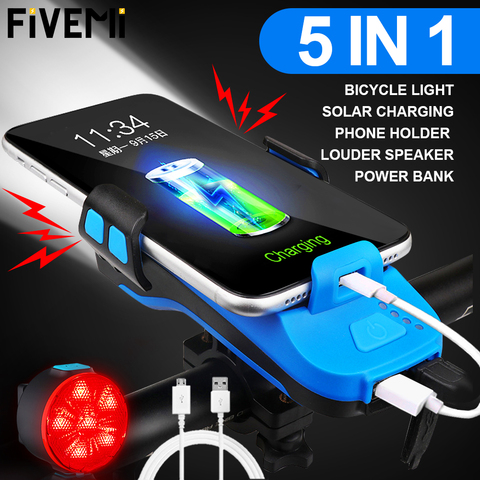 Luz de bicicleta con carga Solar USB, 5 en 1, claxon multifunción, soporte para teléfono, linterna frontal, luz Led para bicicleta ► Foto 1/5