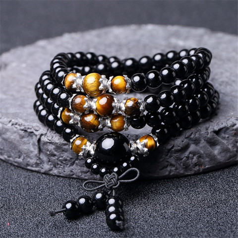 Pulsera de madera con cuentas de obsidiana para hombres y mujeres, brazalete con cuentas de obsidiana, Mala, Buda, meditación, Ojo de Tigre, piedra, 108 ► Foto 1/6