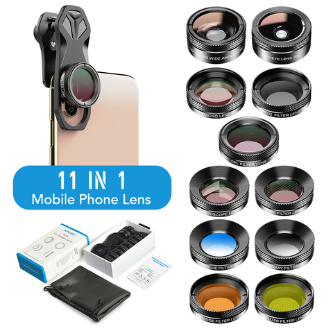 APEXEL 11 en 1 Kit de lente de cámara de teléfono ojo de pez lente ancha filtro completo Colorgrad CPL ND Filtro de estrella para iPhone Xiaomi todo Smartphone ► Foto 1/6