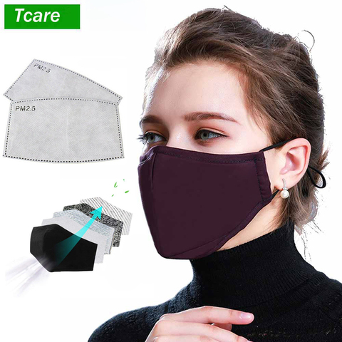 Tcare-mascarilla de algodón con 2 filtros de carbón activado, mascarilla negra a prueba de viento para hombres y mujeres ► Foto 1/6