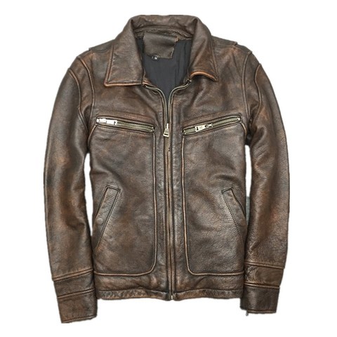 Chaqueta de cuero auténtico para hombre, abrigos Vintage de piel de vaca 100% Natural Real, para motocicleta, otoño e invierno, de talla grande ► Foto 1/6