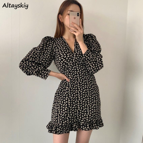 Vestidos florales de estilo coreano para mujer, Vestido corto de estilo coreano, moderno y elegante, ocio Popular, ceñido, temperamento Ulzzang con cuello en V, para adolescentes de verano ► Foto 1/6