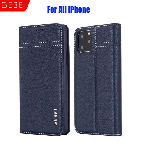 GEBEI-Funda de cuero genuino para iPhone, carcasa con soporte de diseño único magnético para iPhone 12 Pro Max 11 Xs 8 7 6 Plus ► Foto 1/6