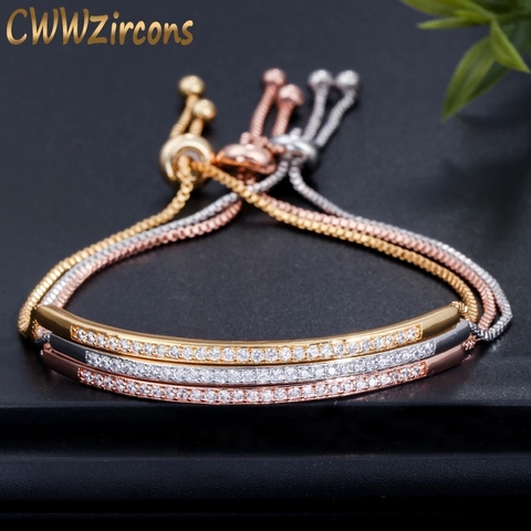 CWWZircons-pulsera ajustable para mujer, brazalete con barra ajustable, brillante, CZ, Color oro rosa, joyería, brazalete femenino ► Foto 1/6