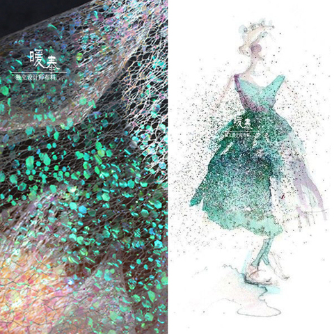 Tela de tul de malla de encaje verde fluorescente, pequeños fragmentos, lentejuelas doradas rociadoras, arcoíris, decoración artesanal, falda, tela de vestido de boda ► Foto 1/5