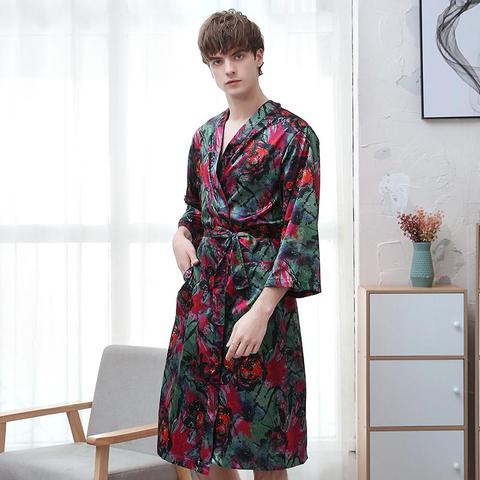 Bata de satén para hombre, ropa de dormir para amantes, Kimono estampado, bata de baño, ropa de casa informal, ropa de dormir de talla grande 3XL ► Foto 1/6