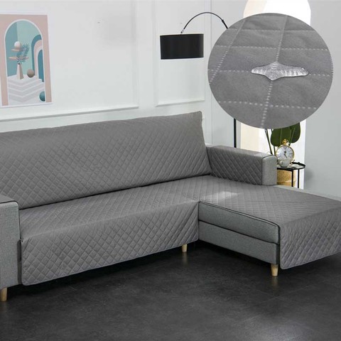Funda de sofá en forma de L para sala de estar, cubierta de sofá de esquina antideslizante, impermeable, acolchada, color gris sólido, Protector de diván largo ► Foto 1/6