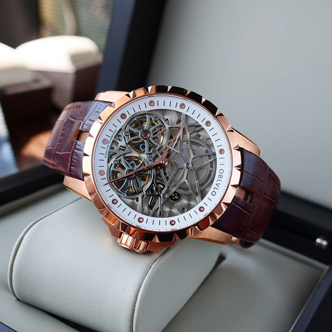 2022 nueva llegada OBLVLO oro rosa de lujo relojes transparente Tourbillon automático relojes militares hombres Relogio Masculino OBL3606 ► Foto 1/6