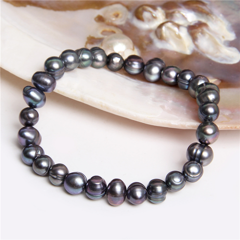 Pulsera de perlas negras barrocas para hombre y mujer, brazalete de perlas naturales con cuentas, cadena elástica, joyería fina, 7-8 ► Foto 1/6