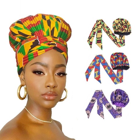 Gorro de satén con estampado africano de Ankara para mujer, Cinta Larga para la cabeza, pañuelo de doble capa, cubierta para el pelo de adulto de talla grande, nuevo ► Foto 1/5