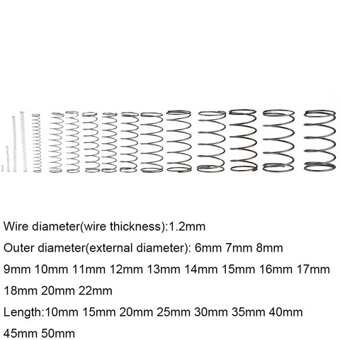 Resorte de compresión pequeño de acero, resorte de presión de retorno mecánico OD de 6mm, 1,2x6 7 8 9 10 15 18 20 22x10-50mm, 10 Uds. ► Foto 1/6