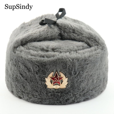 SupSindy insignia soviética Ushanka hombres y mujeres bombardero sombreros CCCP ejército piloto trampero sombrero de policía de invierno Faux conejo con orejeras de piel nieve tapas ► Foto 1/6