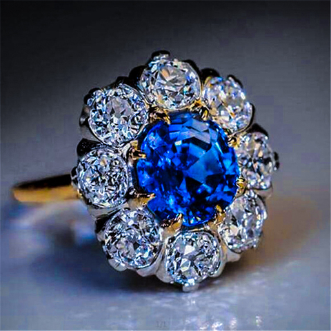 Anillo de lujo con piedra azul para mujer, sortija de dedo de zirconia, oro amarillo Vintage, anillos de compromiso de boda para mujer ► Foto 1/6