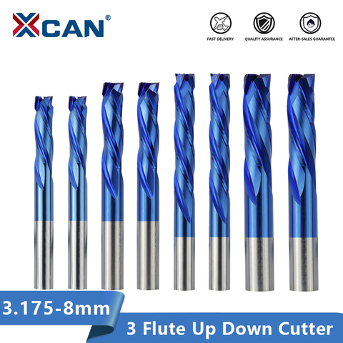 XCAN-Fresa CNC de 3 flautas 3.175, 4, 5, 6 y 8mm, vástago hacia arriba y abajo, para cortar Carburo de aluminio, fresa con revestimiento azul ► Foto 1/6